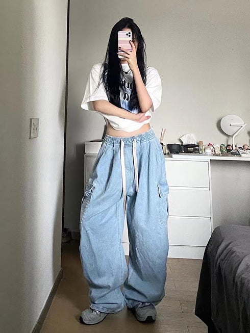 Baggy Pleated Drawstring Multi-Pocket Flare Cargo Pants